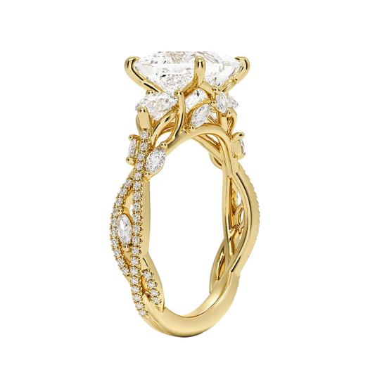 1 To 5 Ct Luxe Secret Garden Three Stone Lab Grown Princess Diamond Ring with Round & Marquise Accents in 10K/14K/18K Gold | Pooja Diamond | IGI Certified Lab Diamond