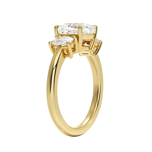 1 To 5 Ct Faye Cushion Cut Lab Grown Diamond Three Stone Engagement Ring with Cushion Side Stones in 10K / 14K / 18K Gold | Pooja Diamond | IGI Certified Lab Diamond