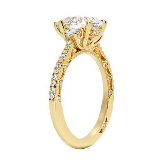 1 TO 5 Ct Lunetta Crescent Pavé Three Stone Pear Cut Lab Grown Diamond Ring in 10K/14K/18K Gold | Pooja Diamond | IGI Certified Lab Diamond