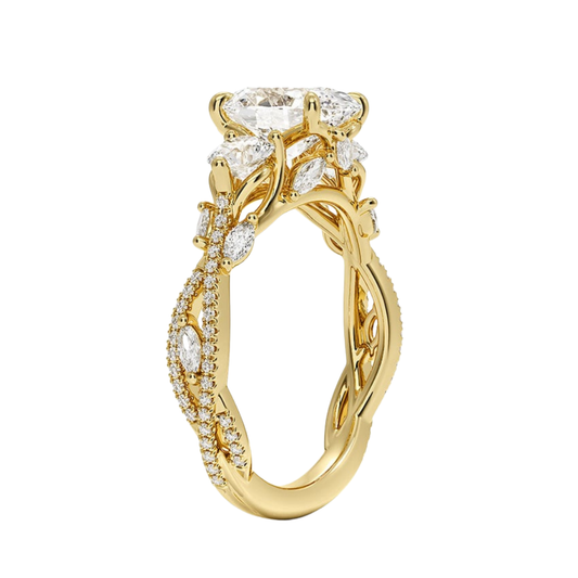 1 To 5 Ct Luxe Secret Garden Three Stone Lab Grown Oval Diamond Ring with Round & Marquise Accents in 10K/14K/18K Gold | Pooja Diamond | IGI Certified Lab Diamond