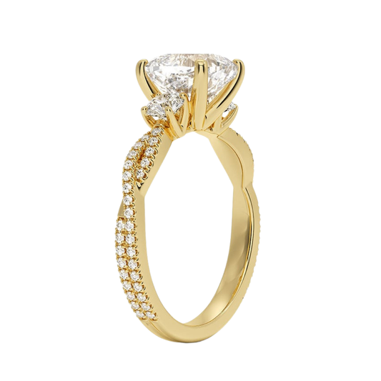 1 To 5 Ct Luxe Petite Twisted Vine Three Stone Lab Grown Cushion Diamond Ring in 10K/14K/18K Gold | Pooja Diamond | IGI Certified Lab Diamond