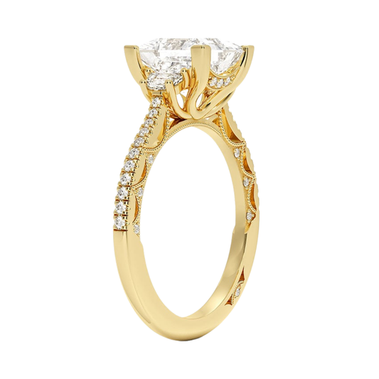 1 TO 5 Ct Lunetta Crescent Pavé Three Stone Princess Cut Lab Grown Diamond Ring in 10K/14K/18K Gold | Pooja Diamond | IGI Certified Lab Diamond