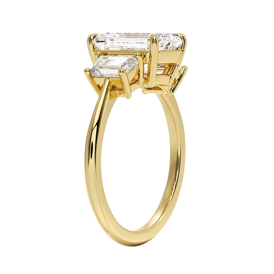 1 To 5 Ct Luxe Embrace Emerald Cut Lab Grown Diamond Three Stone Ring with Trapezoid Side Diamonds in 10K / 14K / 18K Gold | Pooja Diamond | IGI Certified Lab Diamond
