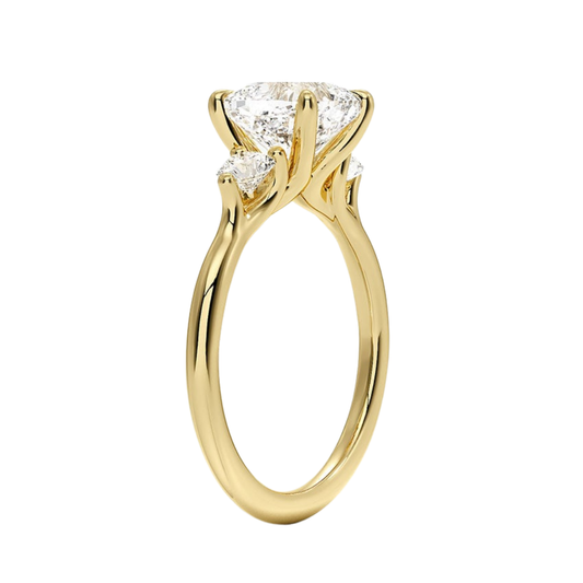 1 TO 5 CT Freesia Cushion Cut Lab Grown Diamond Three Stone Engagement Ring with Round Side Diamonds in 10K / 14K / 18K Gold | Pooja Diamond | IGI Certified Lab Diamond