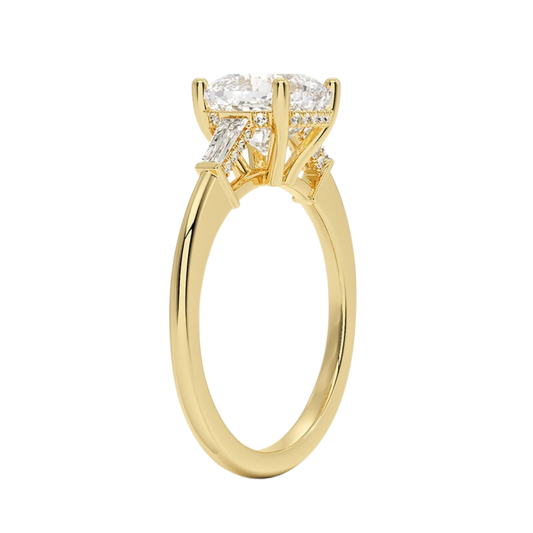 1 To 5 Ct Adorned Tapered Baguette Cushion Cut Three Stone Lab Grown Diamond Ring in 10K/14K/18K Gold | Pooja Diamond | IGI Certified Lab Diamond