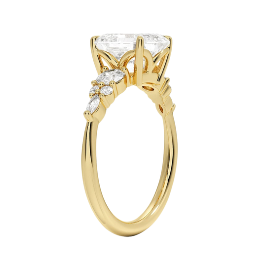 1 TO 5 Ct Nadia Asscher Cut Lab Grown Diamond Three Stone Ring with Round&Marquise Accents in 10K/14K/18K Gold | Pooja Diamond | IGI Certified Lab Diamond