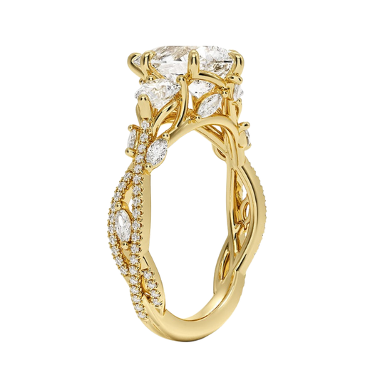 1 To 5 Ct Luxe Secret Garden Three Stone Lab Grown Pear Diamond Ring with Round & Marquise Accents in 10K/14K/18K Gold | Pooja Diamond | IGI Certified Lab Diamond