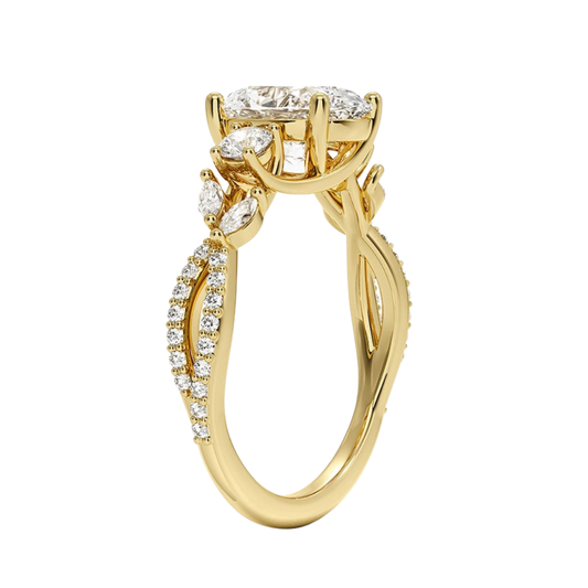 1 To 5 Ct Luxe Willow Three Stone Lab Grown Oval Diamond Ring with Round&Marquise Accents in 10K/14K/18K Gold | Pooja Diamond | IGI Certified Lab Diamond