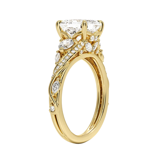1 To 5 CT Begonia Vine Three Stone Lab-Grown Diamond Ring in 10K/14K/18K Gold – Asscher Cut Center with Marquise & Round Side Diamonds | Pooja Diamond | IGI Certified Lab Diamond