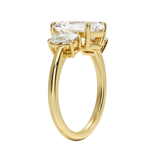 1 TO 5 Ct Luxe Faye Emerald Cut Lab Grown Diamond Three Stone Ring with Oval Side Diamonds in 10K / 14K / 18K Gold | Pooja Diamond | IGI Certified Lab Diamond