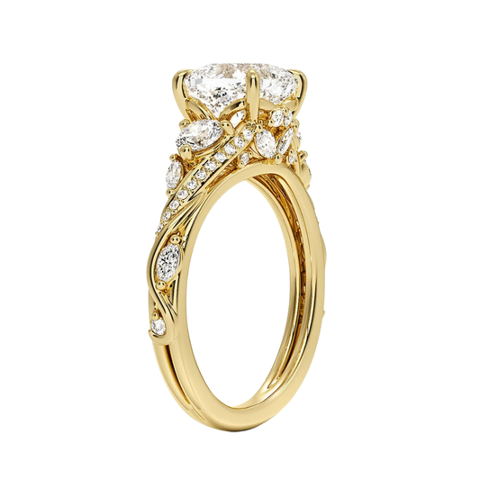 1 To 5 CT Begonia Vine Three Stone Lab-Grown Diamond Ring in 10K/14K/18K Gold – Cushion Cut Center with Marquise & Round Side Diamonds | Pooja Diamond | IGI Certified Lab Diamond