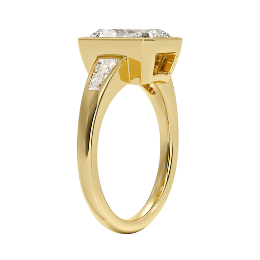 1 TO 5 CT Hayes Radiant Cut Lab Grown Diamond Three Stone Ring with Baguette Side Diamonds in 10K / 14K / 18K Gold | Pooja Diamond | IGI Certified Lab Diamond