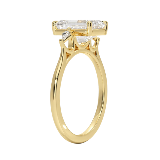 1 To 5 Ct Petite Cometa Perfect Fit Three Stone Emerald Cut Lab-Grown Diamond Ring with Kite Side Stones in 10K/14K/18K Gold | Pooja Diamond | IGI Certified Lab Diamond