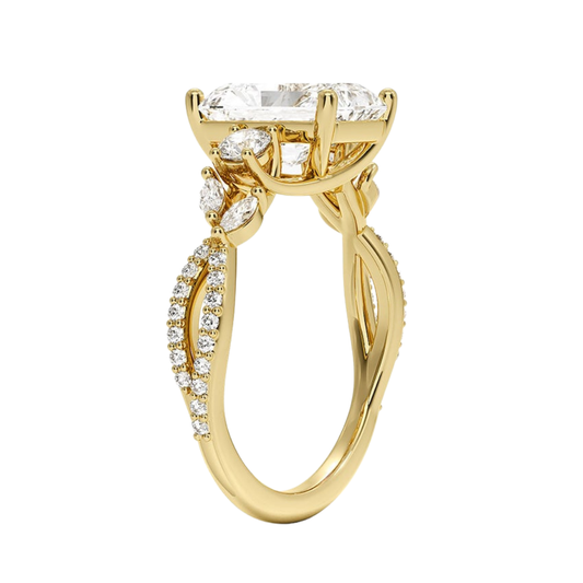 1 To 5 Ct Luxe Willow Three Stone Lab Grown Radiant Diamond Ring with Round&Marquise Accents in 10K/14K/18K Gold | Pooja Diamond | IGI Certified Lab Diamond