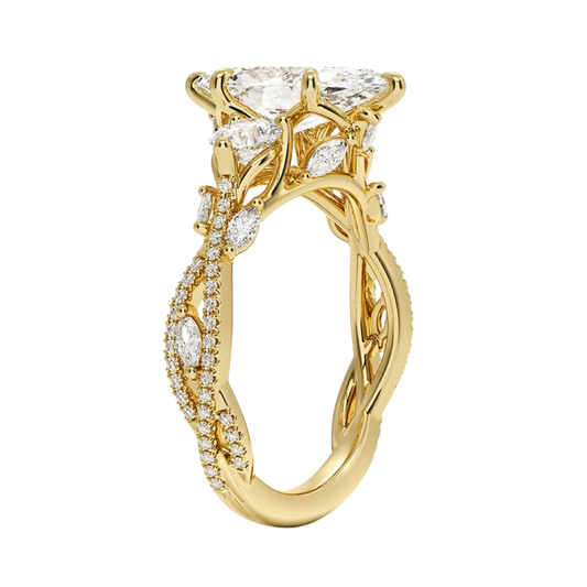 1 To 5 Ct Luxe Secret Garden Three Stone Lab Grown Marquise Diamond Ring with Round & Marquise Accents in 10K/14K/18K Gold | Pooja Diamond | IGI Certified Lab Diamond