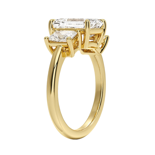 1 TO 5 CT Luxe Helena Emerald Cut Lab Grown Diamond Three Stone Ring with Radiant Side Diamonds in 10K / 14K / 18K Gold | Pooja Diamond | IGI Certified Lab Diamond