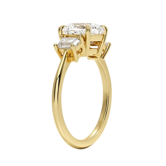1 TO 5 CT Embrace Cushion Cut Lab Grown Diamond Three Stone Trapezoid Engagement Ring in 10K / 14K / 18K Gold | Pooja Diamond | IGI Certified Lab Diamond