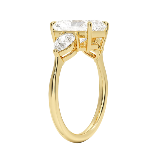 1 TO 5 Ct Luxe Opera Radiant Cut Lab Grown Diamond Three Stone Ring with Pear Side Diamonds in 10K / 14K / 18K Gold | Pooja Diamond  | IGI Certified Lab Diamond
