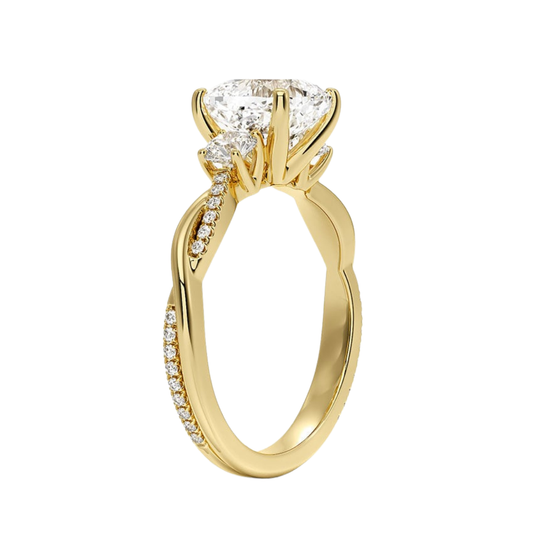 1 To 5 Ct Petite Twisted Vine Three Stone Cushion Cut Lab Grown Diamond Ring in 10K/14K/18K Gold | Pooja Diamond | IGI Certified Lab Diamond