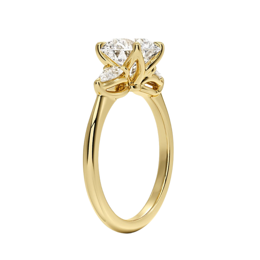 1 To 5 Ct Fleur Round Cut Lab Grown Diamond Three Stone Engagement Ring with Pear Side Stones in 10K / 14K / 18K Gold | Pooja Diamond | IGI Certified Lab Diamond