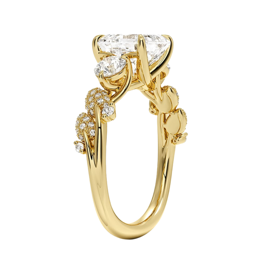 1 To 5 CT Canopy Three Stone Lab-Grown Diamond Ring in 10K/14K/18K Gold – Asscher Cut Center with Nature-Inspired Round Diamond Accents | Pooja Diamond | IGI Certified Lab Diamond