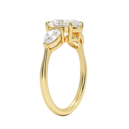 1 TO 5 Ct Luxe Opera Oval Cut Lab Grown Diamond Three Stone Ring with Pear Side Diamonds in 10K / 14K / 18K Gold | Pooja Diamond  | IGI Certified Lab Diamond