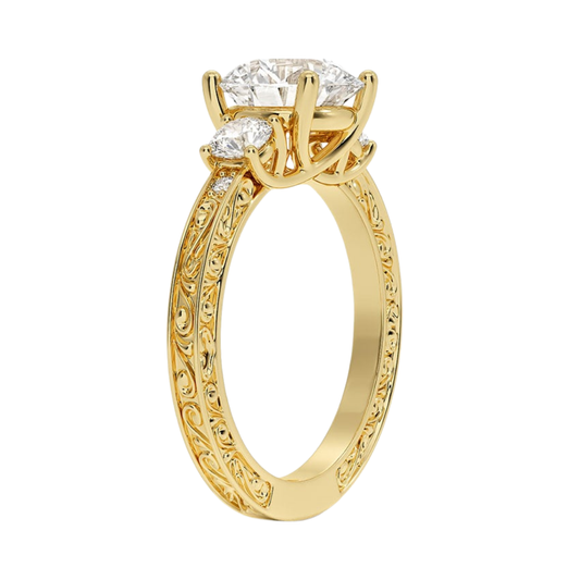 1 TO 5 CT Antique Scroll Engraved Round Cut Three Stone Lab Grown Diamond Ring in 10K/14K/18K Gold | Pooja Diamond | IGI Certified Lab Diamond