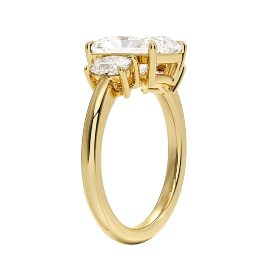1 To 5 Ct Faye Radiant Cut Lab Grown Diamond Three Stone Engagement Ring with Cushion Side Stones in 10K / 14K / 18K Gold | Pooja Diamond | IGI Certified Lab Diamond