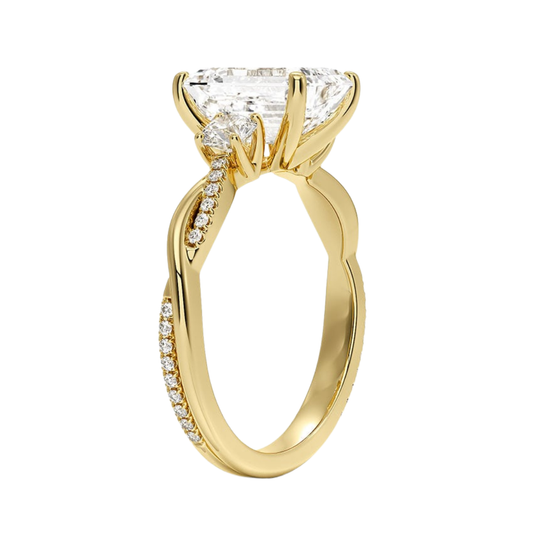 1 To 5 Ct Petite Twisted Vine Three Stone Emerald Cut Lab Grown Diamond Ring in 10K/14K/18K Gold | Pooja Diamond | IGI Certified Lab Diamond