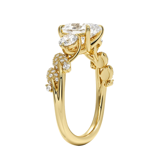 1 To 5 CT Canopy Three Stone Lab-Grown Diamond Ring in 10K/14K/18K Gold – Oval Cut Center with Nature-Inspired Round Diamond Accents | Pooja Diamond | IGI Certified Lab Diamond