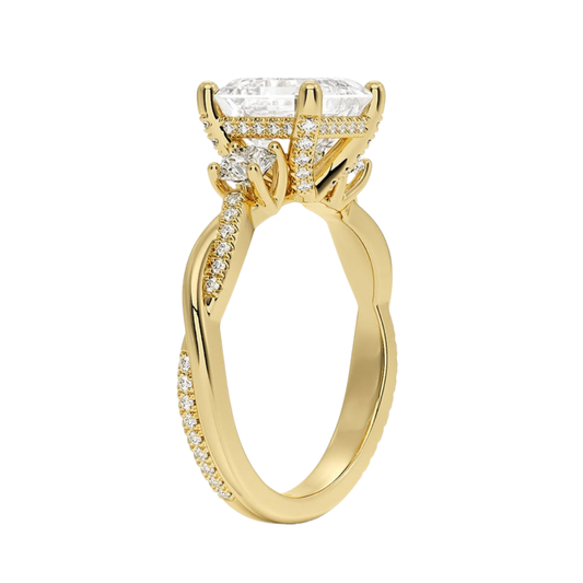 1 To 5 Ct Adorned Petite Twisted Vine Asscher Cut Three Stone Lab Grown Diamond Ring in 10K/14K/18K Gold | Pooja Diamond | IGI Certified Lab Diamond