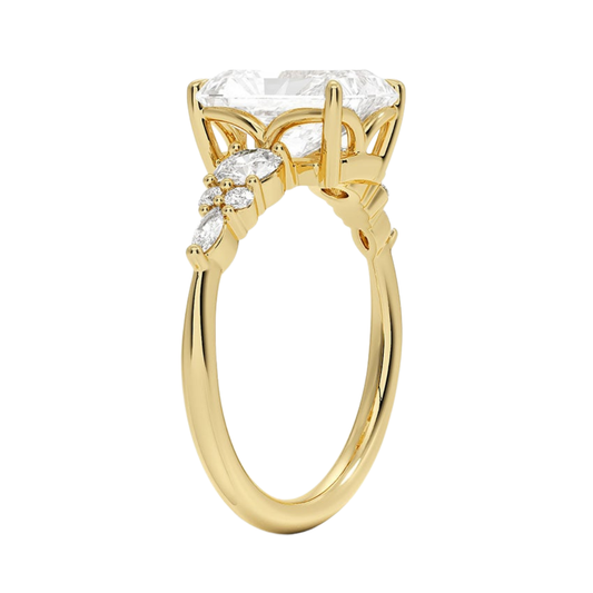 1 TO 5 Ct Nadia Radiant Cut Lab Grown Diamond Three Stone Ring with Round&Marquise Accents in 10K/14K/18K Gold | Pooja Diamond | IGI Certified Lab Diamond