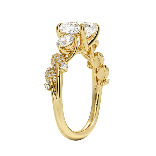 1 To 5 CT Canopy Three Stone Lab-Grown Diamond Ring in 10K/14K/18K Gold – Cushion Cut Center with Nature-Inspired Round Diamond Accents | Pooja Diamond | IGI Certified Lab Diamond