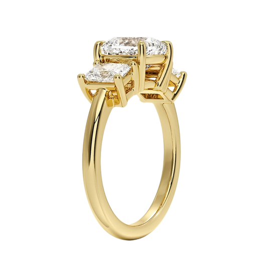 1 TO 5 CT Luxe Helena Cushion Cut Lab Grown Diamond Three Stone Ring with Radiant Side Diamonds in 10K / 14K / 18K Gold | Pooja Diamond | IGI Certified Lab Diamond