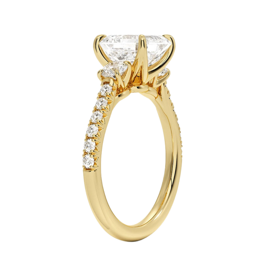 1 To 5 Ct Amelie Asscher Cut Three Stone Lab Grown Diamond Ring with Pave Band in 10K/14K/18K Gold | Pooja Diamond | IGI Certified Lab Diamond