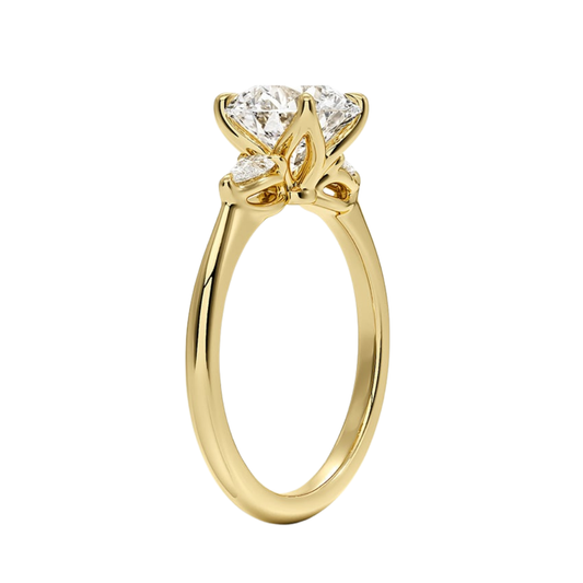 1 To 5 Ct Petite Fleur Round Cut Three Stone Lab-Grown Diamond Ring with Pear Side Accents in 10K/14K/18K Gold | Pooja Diamond | IGI Certified Lab Diamond