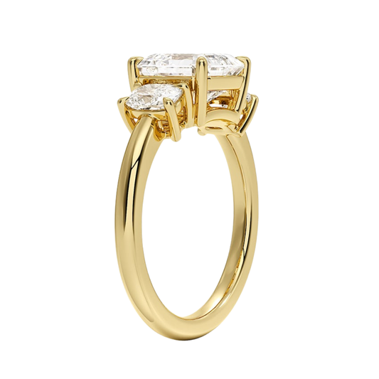1 To 5 Ct Faye Asscher Cut Lab Grown Diamond Three Stone Engagement Ring with Cushion Side Stones in 10K / 14K / 18K Gold | Pooja Diamond | IGI Certified Lab Diamond