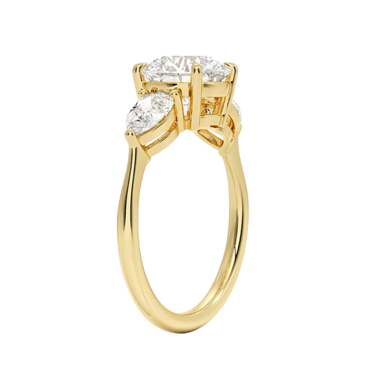 1 TO 5 Ct Luxe Opera Round Cut Lab Grown Diamond Three Stone Ring with Pear Side Diamonds in 10K / 14K / 18K Gold | Pooja Diamond  | IGI Certified Lab Diamond
