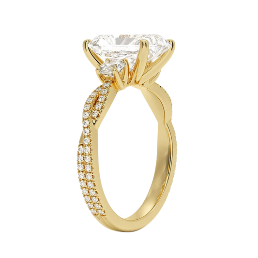 1 To 5 Ct Luxe Petite Twisted Vine Three Stone Lab Grown Radiant Diamond Ring in 10K/14K/18K Gold | Pooja Diamond | IGI Certified Lab Diamond
