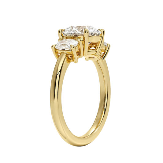 1 To 5 Ct Faye Round Cut Lab Grown Diamond Three Stone Engagement Ring with Cushion Side Stones in 10K / 14K / 18K Gold | Pooja Diamond | IGI Certified Lab Diamond