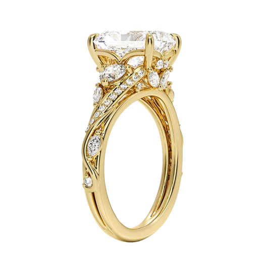 1 To 5 CT Begonia Vine Three Stone Lab-Grown Diamond Ring in 10K/14K/18K Gold – Radiant Cut Center with Marquise & Round Side Diamonds | Pooja Diamond | IGI Certified Lab Diamond