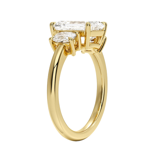 1 To 5 Ct Faye Emerald Cut Lab Grown Diamond Three Stone Engagement Ring with Cushion Side Stones in 10K / 14K / 18K Gold | Pooja Diamond | IGI Certified Lab Diamond