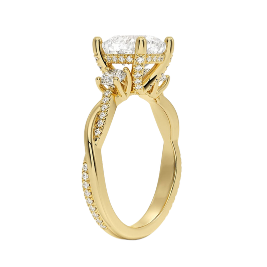 1 To 5 Ct Adorned Petite Twisted Vine Cushion Cut Three Stone Lab Grown Diamond Ring in 10K/14K/18K Gold | Pooja Diamond | IGI Certified Lab Diamond