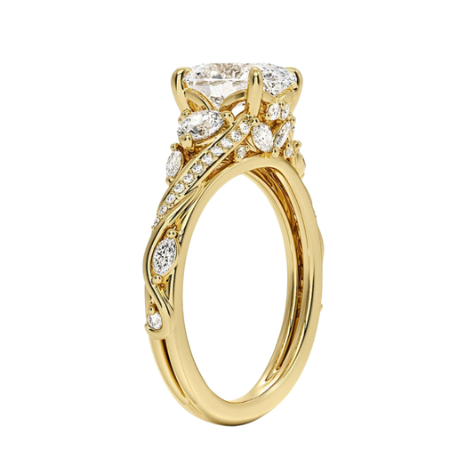 1 To 5 CT Begonia Vine Three Stone Lab-Grown Diamond Ring in 10K/14K/18K Gold – Oval Cut Center with Marquise & Round Side Diamonds | Pooja Diamond | IGI Certified Lab Diamond