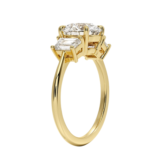 1 To 5 Ct Luxe Embrace Round Cut Lab Grown Diamond Three Stone Ring with Trapezoid Side Diamonds in 10K / 14K / 18K Gold | Pooja Diamond | IGI Certified Lab Diamond