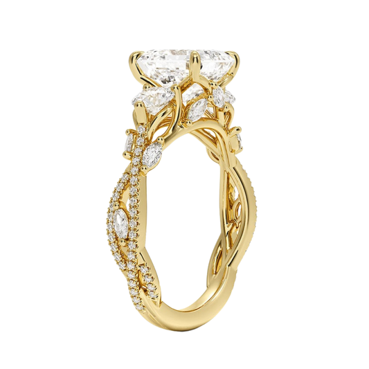 1 To 5 Ct Luxe Secret Garden Three Stone Lab Grown Asscher Diamond Ring with Round & Marquise Accents in 10K/14K/18K Gold | Pooja Diamond | IGI Certified Lab Diamond