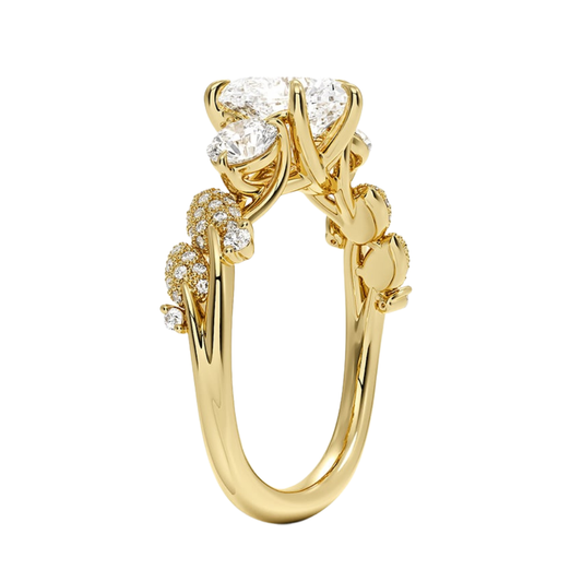 1 To 5 CT Canopy Three Stone Lab-Grown Diamond Ring in 10K/14K/18K Gold – Heart Cut Center with Nature-Inspired Round Diamond Accents | Pooja Diamond | IGI Certified Lab Diamond