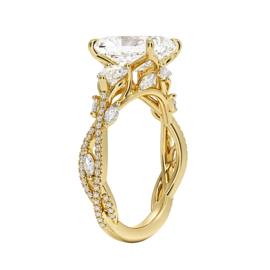 1 To 5 Ct Luxe Secret Garden Three Stone Lab Grown Radiant Diamond Ring with Round & Marquise Accents in 10K/14K/18K Gold | Pooja Diamond | IGI Certified Lab Diamond