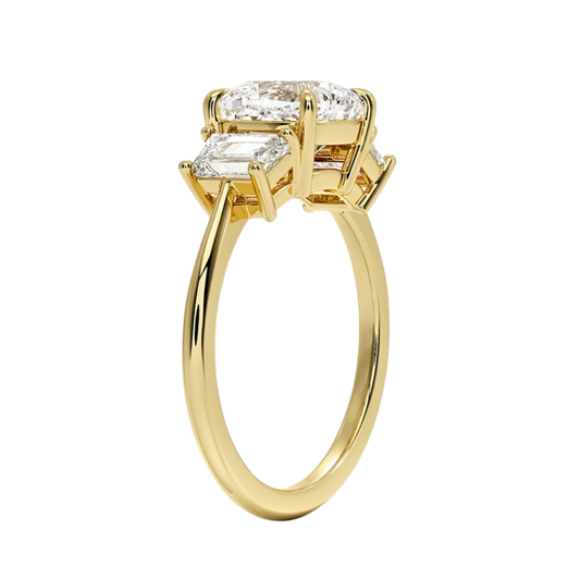 1 To 5 Ct Luxe Embrace Cushion Cut Lab Grown Diamond Three Stone Ring with Trapezoid Side Diamonds in 10K / 14K / 18K Gold | Pooja Diamond | IGI Certified Lab Diamond