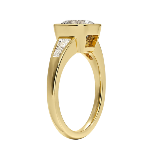 1 TO 5 CT Hayes Cushion Cut Lab Grown Diamond Three Stone Ring with Baguette Side Diamonds in 10K / 14K / 18K Gold | Pooja Diamond | IGI Certified Lab Diamond